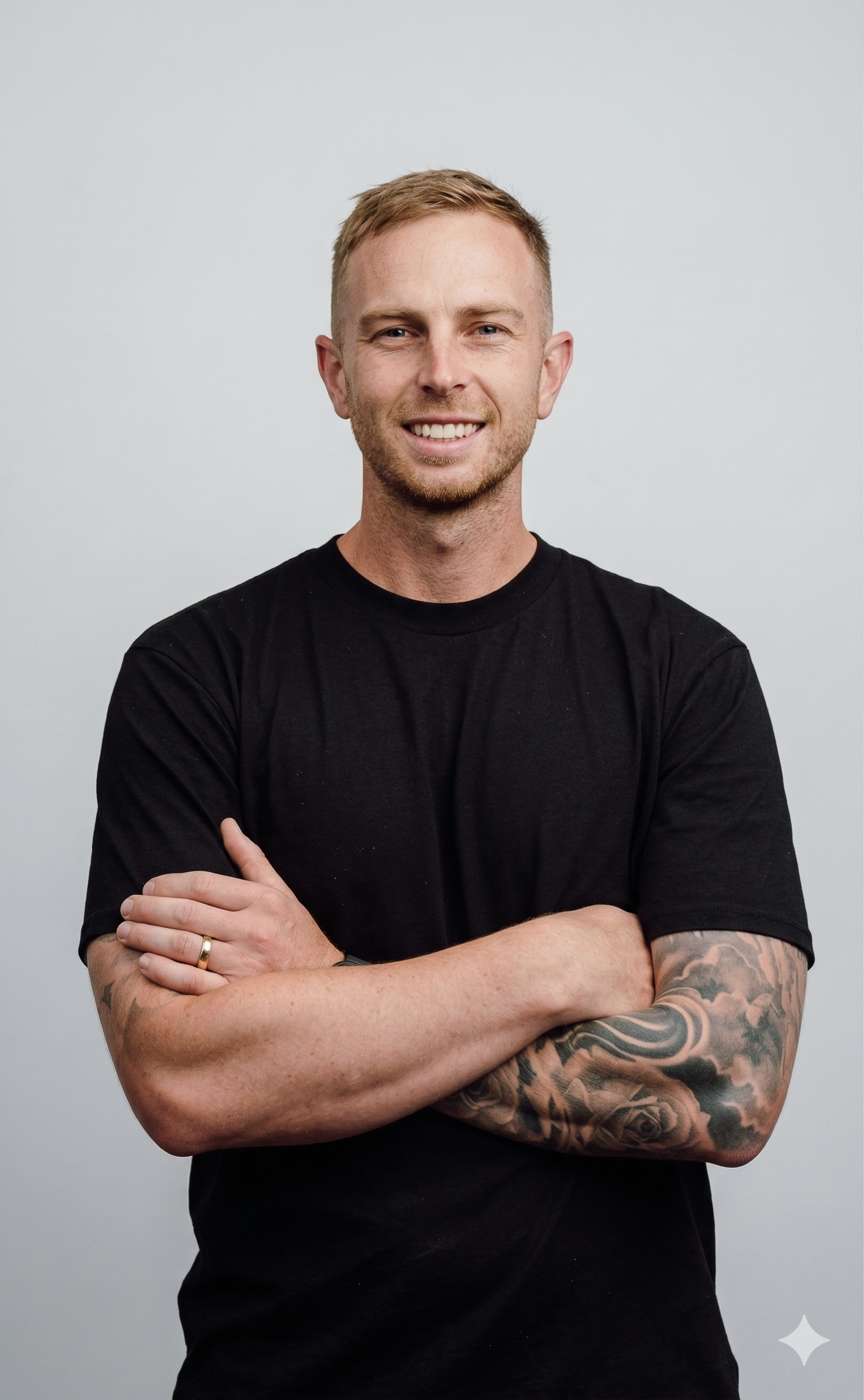Portrait of a man with brown hair and glasses on a flat gray background.